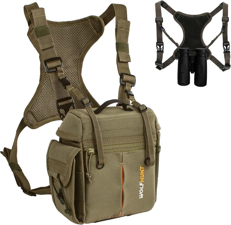 WOLFHUNT Binoculars Harness for Hunting with Rangefinder Pouch, Binocular Chest Pack Built-in Magnetic Snap Design, Bino Harness Bag Case Adjustable Strap, Lens Cleaning Cloth, Triple-Use - Image 1